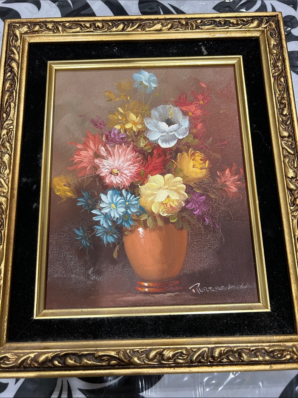 Robert Cox Framed Floral Oil Painting de- Colorful Bouquet